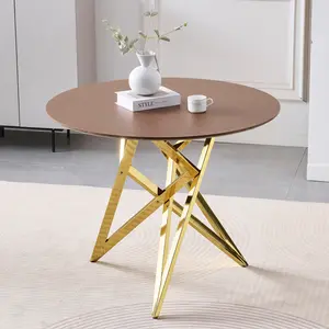 Aobtkel®37Inch Round Dining Table, Small Round Kitchen Table With Golden Metal Legs, Suitable For 2 To 4 People, Modern Dining Room Table, Brown, Walnut Color.#Summervibes