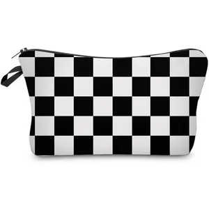 Cosmetic Bag for Women, Black White Lattice Waterproof Makeup Bags Roomy Toiletry Pouch Travel Accessories Gifts (51782)