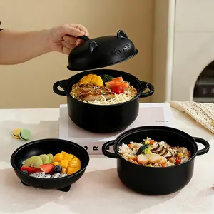 1 set of 45 oz cute pig ramen bowl set - microwaveable & dishwasher safe - wheat straw fiber material - BPA free - pork noodle cooker with strainer lid - heat resistant handle spoon - fork & knife - eco friendly kitchen gift for home, dorm (Black)