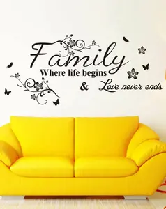 Slogan & Flower Print Wall Sticker Family Where Life Begins Love Never Ends Black Removable Self Adhesive Vinyl Decal for Home Decor Spring Festival Gifts Birthday Graduation