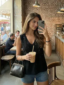 Women's V-Neck Sleeveless Top, French Vintage Style Embroidered Sequins Design, High-Quality Fashionable Summer Wear