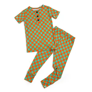 Spencer TWO PIECE Bamboo Buttons Pants Checkers Orange Green Gigi and Max