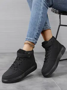 Women's High-Top Lightweight Breathable Fashion Sneakers, PU Leather Patchwork Design, Round Toe Comfortable Casual Shoes, All Season Wear, Trendy Daily Commute Footwear