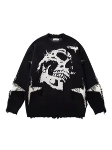 Men's Gothic Skull Star Patchwork Sweater, Casual Round Neck Knitwear for Fall & Winter, Fashionable Ripped Design, Trendy Street Style, Graphic Sweater