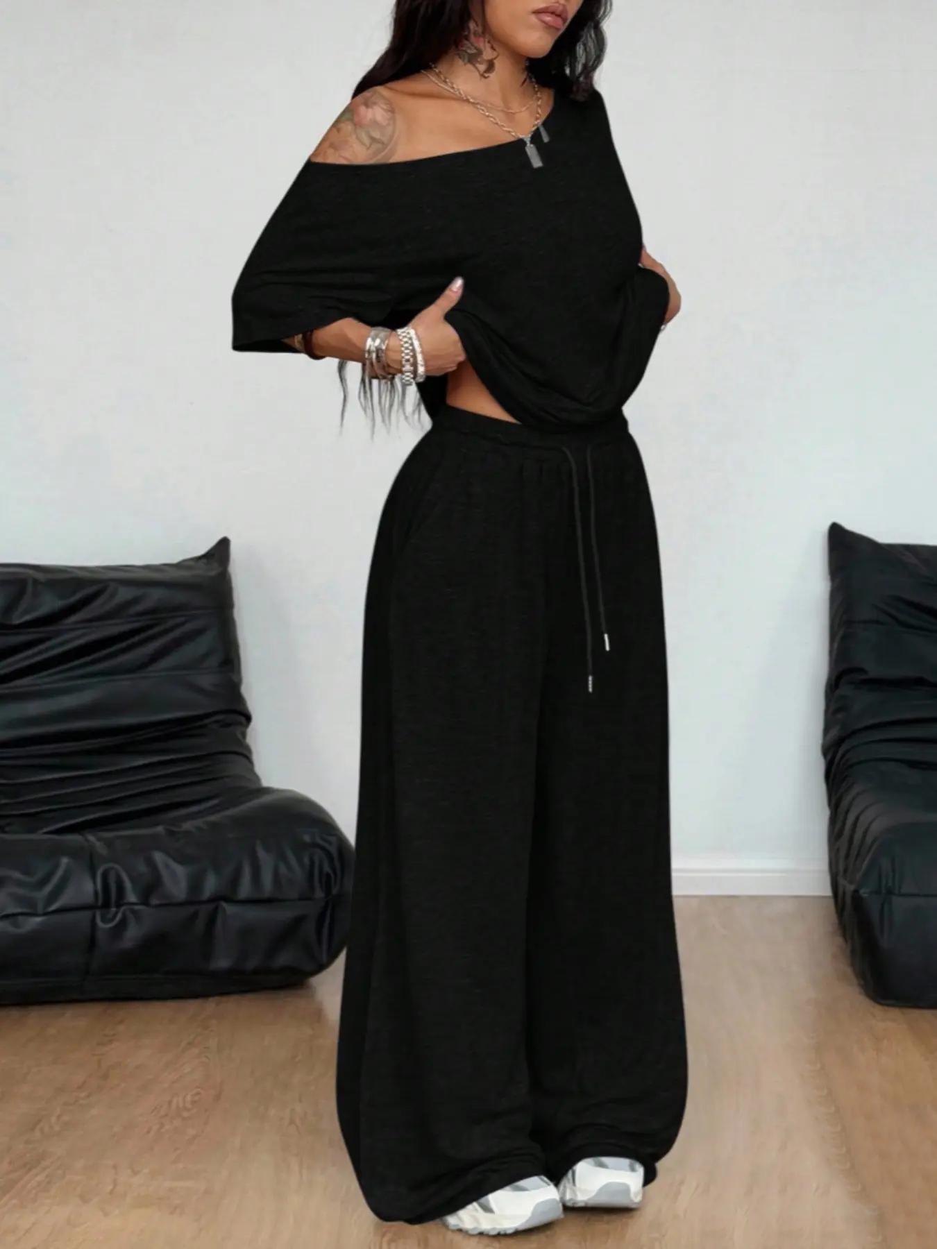 2pcs/Set Women's Minimalist Basic Daily Wear Everyday Going Out Sport Comfortable Off Shoulder T-Shirt And Wide Leg Pants Two Pieces Outfits