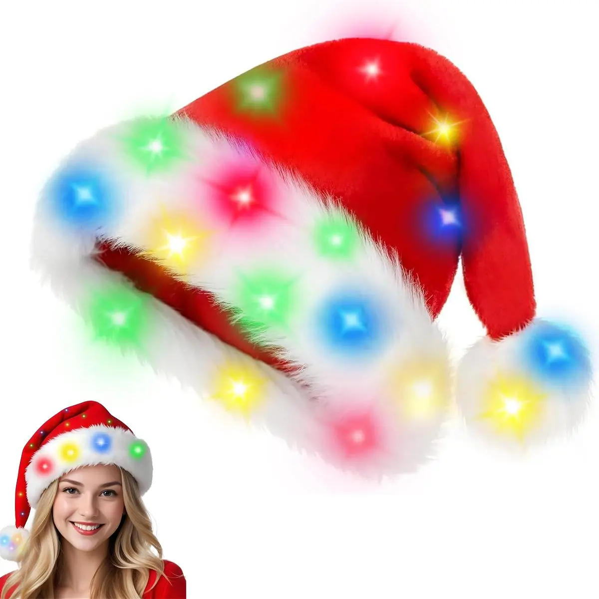 Light Up Christmas Hat – LED Santa Hat with 30 Multicolor Lights, 3 Modes (Steady Flash Slow Flash), Soft Red Velvet, Battery Operated, Glowing Holiday Party Accessory for Adults Men Women