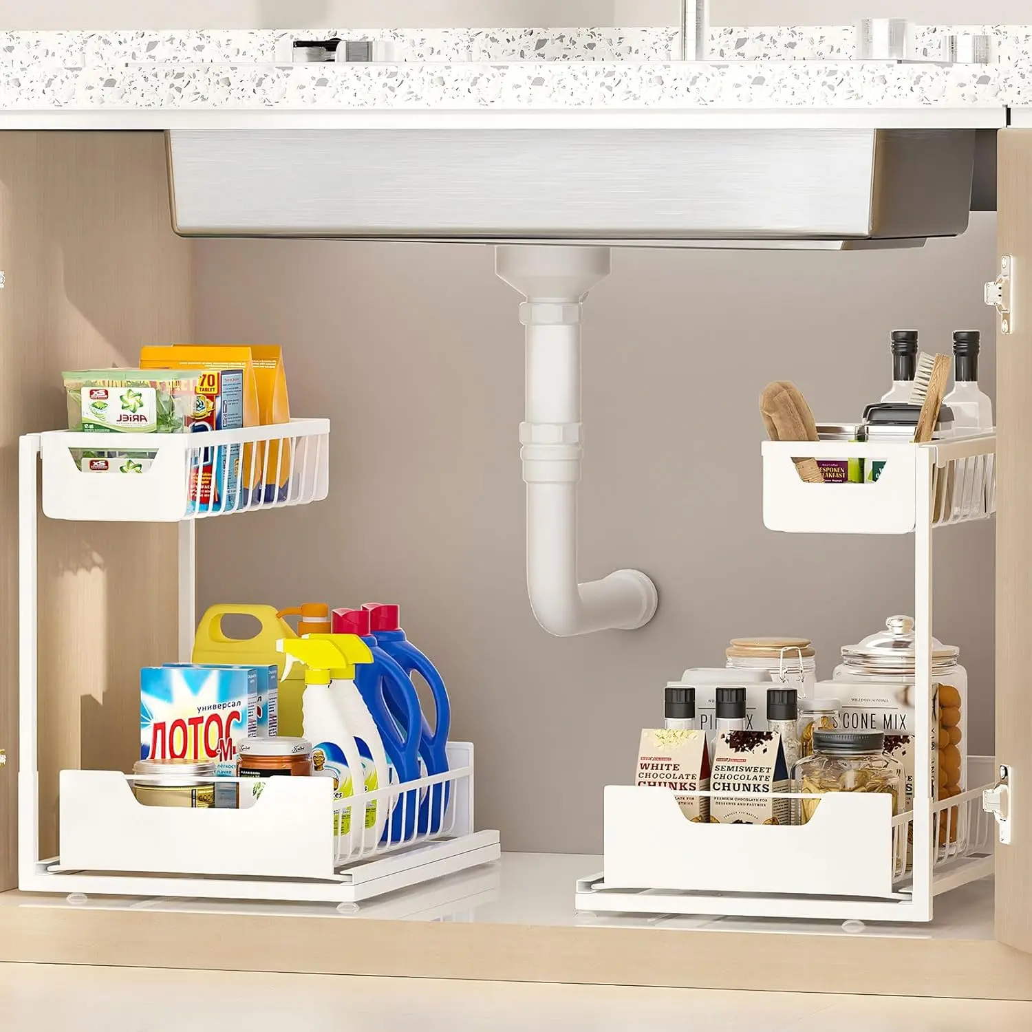 Undersink storage rack with 2 layers of high-quality metal pull-out kitchen cabinet storage box and sliding drawer, adjustable height, heavy-duty kitchen and bathroom storage container
