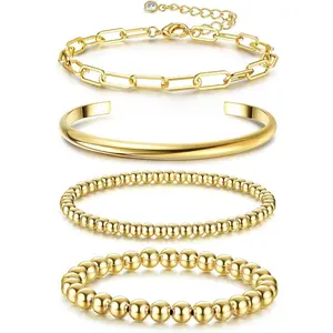 FLORIDECO 3-4PCS Bracelets for Women Trendy Bangle Cuff Chain Bracelets Set Paperclip Bead Tennis Bracelet Chunky Gold Filled Bracelet Stack Daily