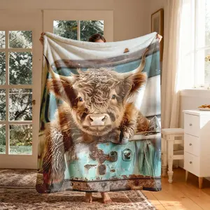Highland Cow Retro Truck Theme Flannel Blanket, Large Size, Soft and Lightweight, Perfect for All Seasons, Ideal for Bed, Sofa, Office, Camping, Travel