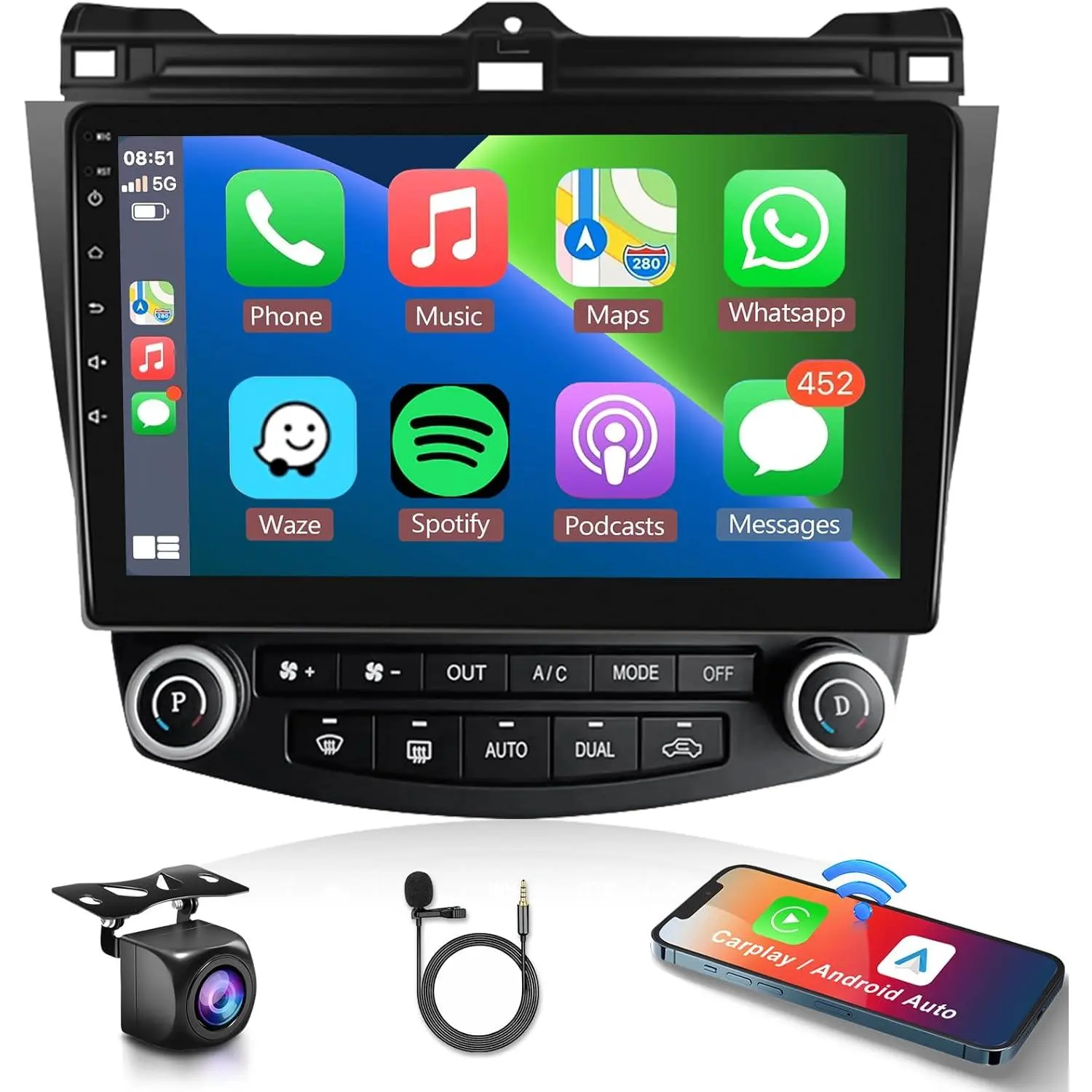 RIMOODY 10.1'' Touchscreen Car Video Player for Honda Accord 7th Gen 2003-2007, 2G+64G with Wireless CarPlay, Android Auto, WiFi GPS Navigation, Backup Camera, DSP, Bluetooth, FM/RDS, SWC, Hifi Audio, Car Setting, Father's Day Gift, Car Audio
