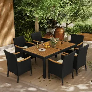 【3 Packages】Costoffs 7-Piece Outdoor Dining Set, Wooden Table & 6 Rattan Chairs (300lb Capacity) for Patio & Backyard