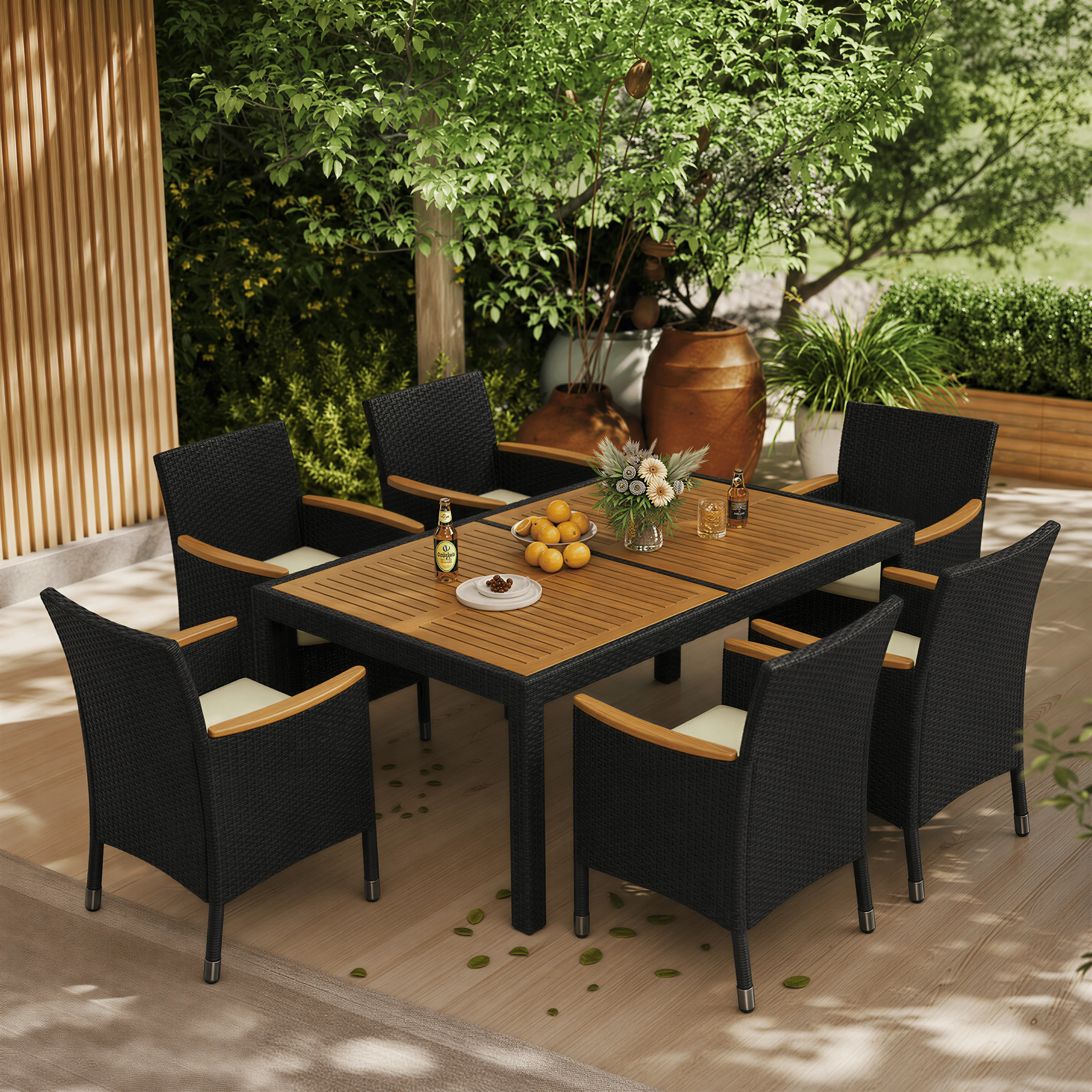 【3 Packages】Costoffs 7-Piece Outdoor Dining Set, Wooden Table & 6 Rattan Chairs (300lb Capacity) for Patio & Backyard,summerwins