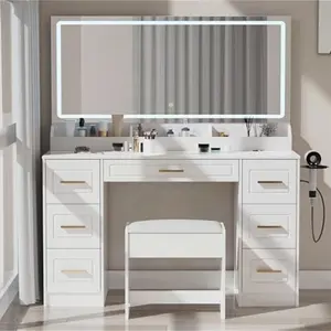 WF-2025Hot Selling Dressing Table with Mirror and LED Light, 43 Inch Wide Makeup Vanity with Power Outlet, 3 Color Modes, 7 Drawers Dressing Table with Chair for Bedroom, Dressing Room