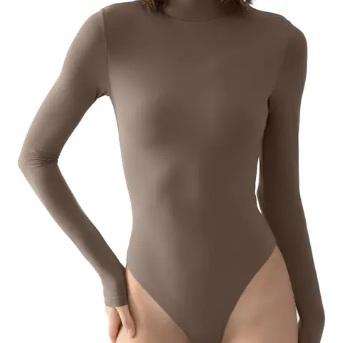 PUMIEY Women's Chic Mock Neck Bodysuit, Long Sleeve Buttery Soft Thong Tops, Seamless for Layering, Fashion, High Neck, Stretchy, Fashion Apparel, Snap, Button, All Season, Clothes Products, Double-Layer, Fabric, Basic