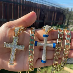 High Quality Cuban Cross Necklace 8.50mm Water Resistant No Green Skin 22 24 28 Sizes Gold Plated 14k Two Cross Options