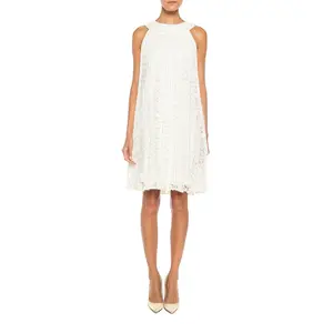 1960S White Pleated Rayon & Nylon Lace Mod Cocktail Dress With Crystal Neckline