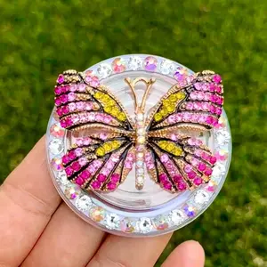 Butterfly Phone Grip Bling Bling Magnetic Phone Holder Hot Pink AB Rhinestone Aesthetic Stand Mount for Smartphone