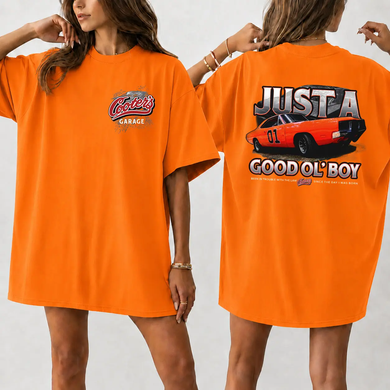 Cooter’s Garage Just a Good Ol’ Boy Shirt, Vintage 01 Muscle Car Graphic Tee, Front and Back Southern Racing T-Shirt