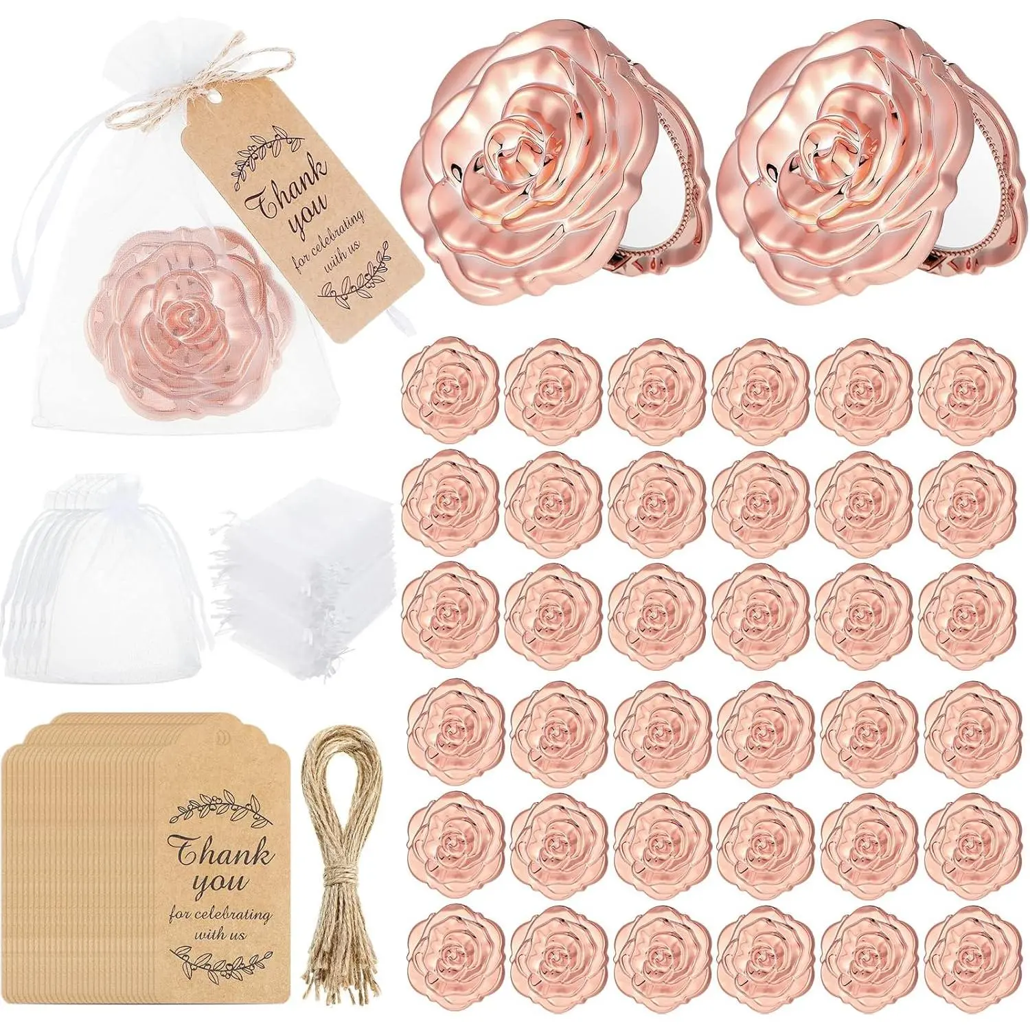 Rose Gold Compact Mirrors Bulk Set (36 Pcs) - High-Performing Rose-Shaped Wedding Party Favors with Thank You Tags, Twine, Organza Bags, Cruelty-Free Souvenirs for Guests