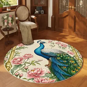 Floral & Peacock Pattern Round Rug, Non-slip Soft Floor Mat, Decorative Carpet for Home Living Room Bedroom Study Room