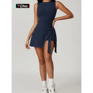 Sporty Women's Solid Color 2-IN-1 Tie Front Wrap Sports Dress, Sport Sleeveless Round Neck Short Dress for Tennis Attire Gym Workout, Ladies Sportswear for All Seasons