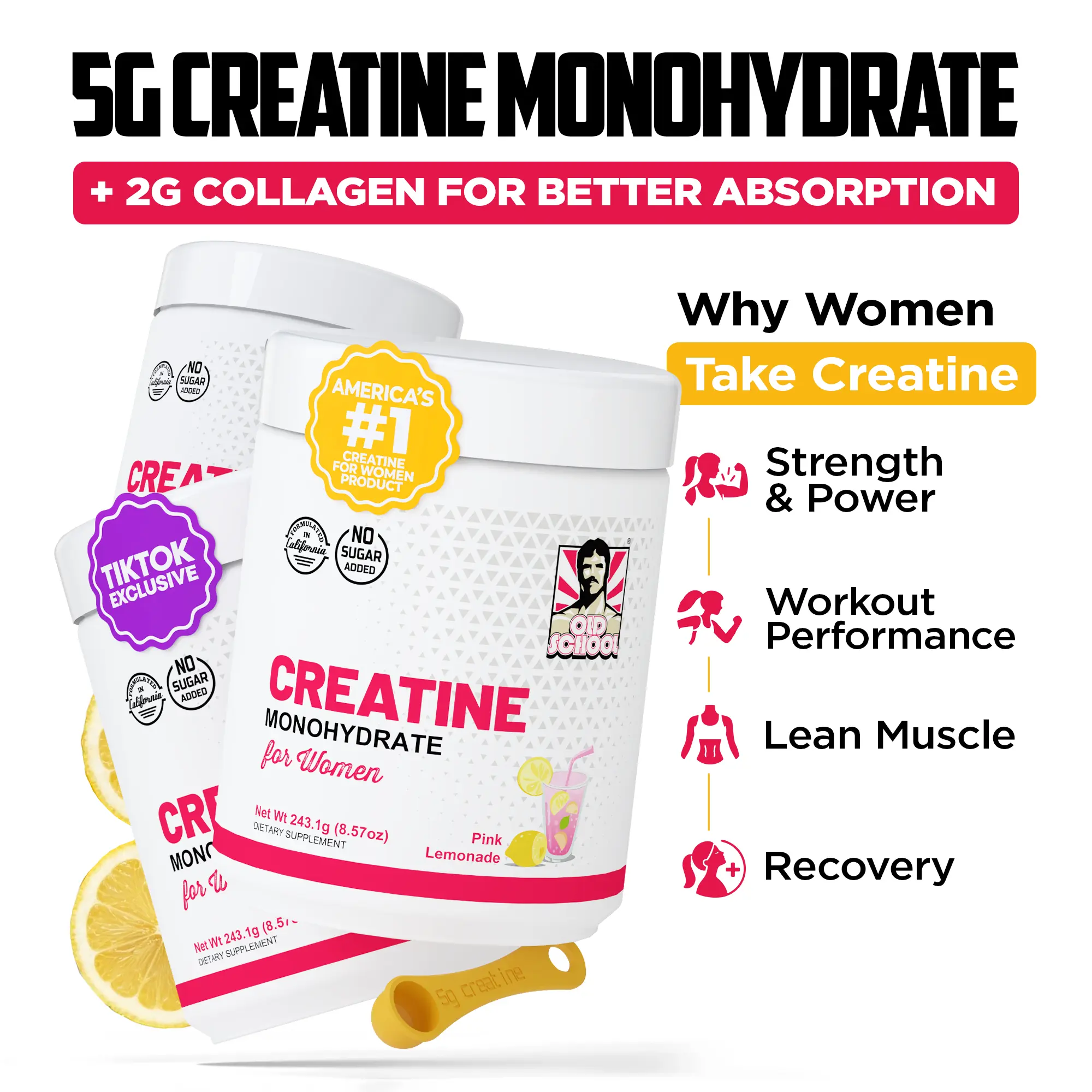 3 Pack Old School Labs Creatine Monohydrate for Women with Collagen & BCAA | 5g Creatine Powder for Lean Muscle, Recovery, Healthy Hair & Skin (Pink Lemonade)