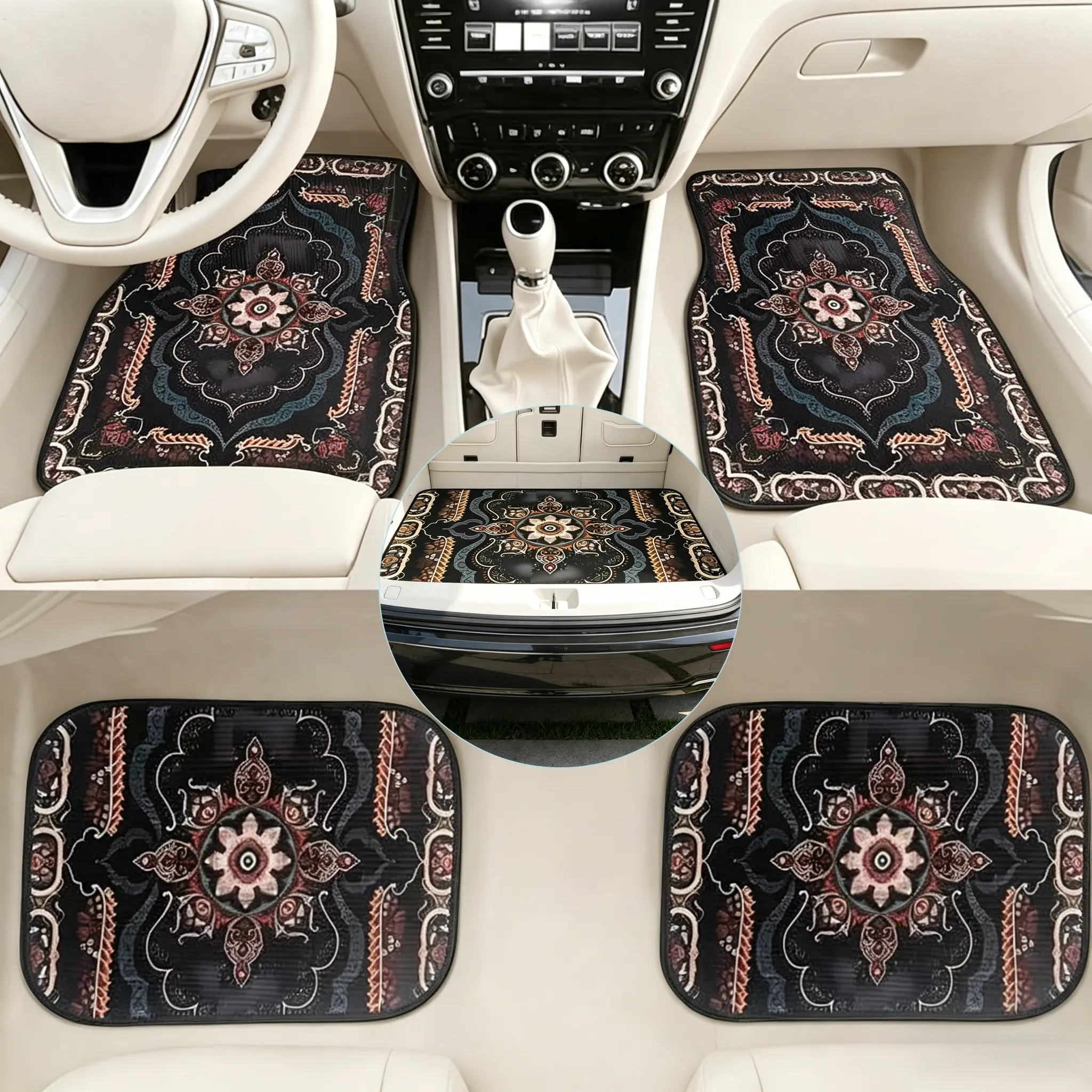 5pcs Bohemian Folk Pattern Collection Car Print Floor MatsTrunk Liner Perfect Fit Anti Slip Easy to Clean Stylish Interior Upgrade Ideal for Pet Owners Travel Holiday Birthday Gifts