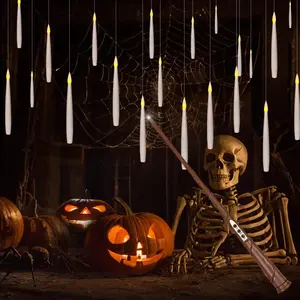 Floating Candles with Magic Wand Remote (6/18H Timer), 20 count 6.1" Hanging Flameless Taper Candles, Flickering Warm Light, Halloween Christmas Classroom Windows Wedding Party Decor(White)