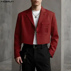 INCERUN Men Streetwear Cropped Blazer Metal Buckle Decoration Long Sleeve Jackets Punk Party Clubwear Coats Stage Outfits
