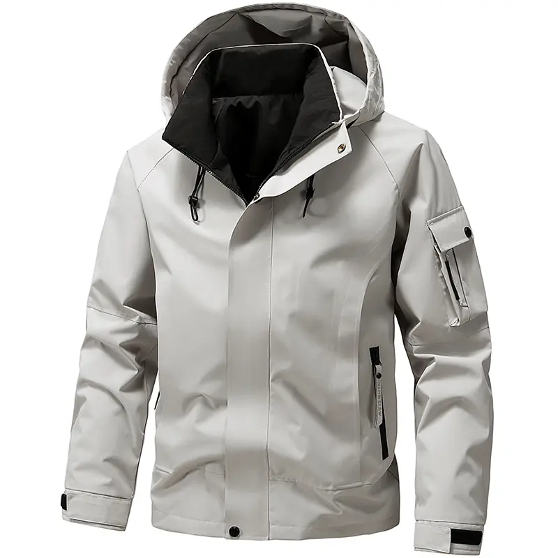 Men's Fitted Long Sleeve Light Gray Male Outdoor Waterproof Hooded Tactical Hiking Windbreaker with Multi-Pocket Design