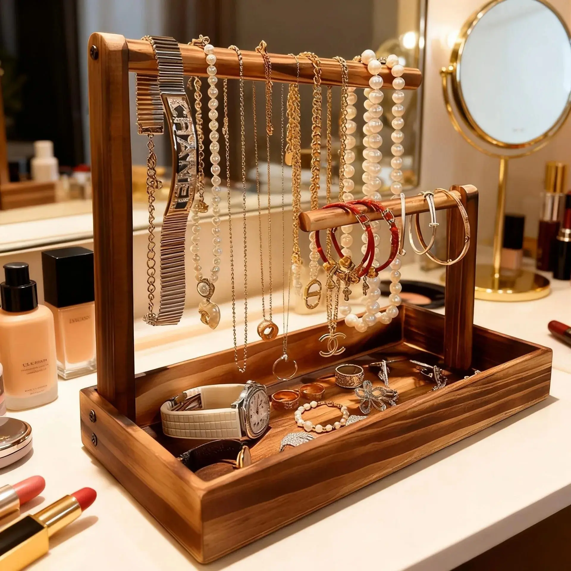 Solid Walnut Wood Necklace & Bracelet Display Stand, Jewelry Organizer Shelf, Pendant Hanger, Elegant Storage Rack, Accessory Holder