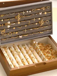 Vintage Elegant Stackable Women's Ring Set, Heart Shape Faux Pearl Flower Geometric Cross Eye Leaf Star Tassel Moon Sun Round Square Wave Chain