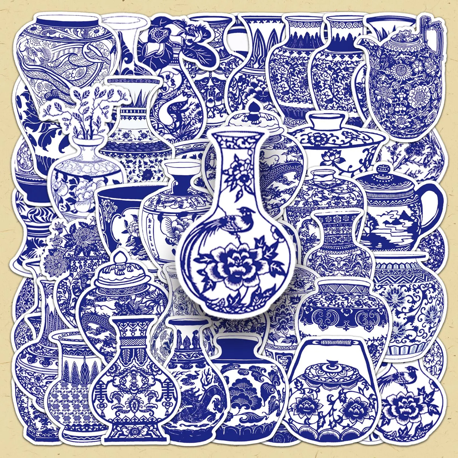 Vintage Porcelain Pattern Sticker, 50pcs/set DIY Decorative Sticker, Stickers for Scrapbooking & Stamping Supplies for Journal Making, Gift Wrapping