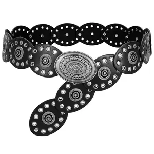 Women Disc Concho Leather Belt Western Cowgirl Hollow Belt Vintage Boho Oval Waist Belt for Music Festival Dress Jeans