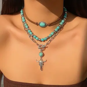 3pcs Set Vintage Ethnic Style Cow Head Turquoise Cross Chain Necklace for Women - Alloy, No Plating, Pine Stone Inlay, Perfect for Vacation/Daily Wear, All-Season Fashion Jewelry