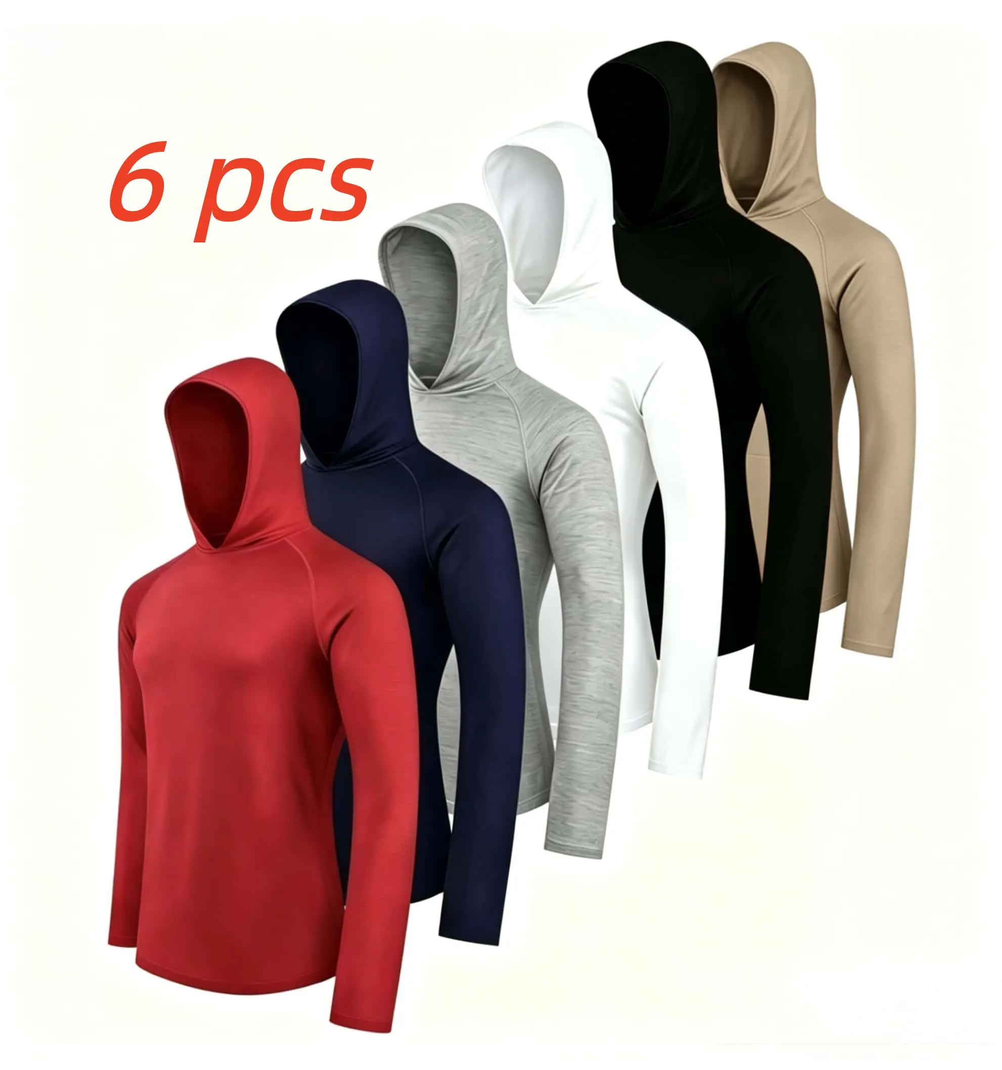 6pcs Men's Quick-Dry Hooded Long Sleeve Shirts- Moisture-Wicking, Lightweight & Breathable Ideal for Casual Wear, Hiking & Daily Workouts, Assorted Colors, Hiking Shirt   T Shirt Performance Moisture Wicking Casual Workout Sports  all seasons Wear