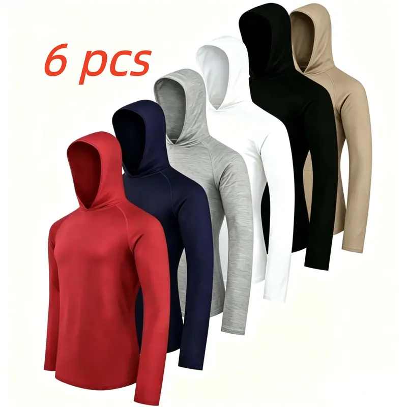 6pcs Men's Quick-Dry Hoodie Long Sleeve Shirts- Moisture-Wicking, Lightweight & Breathable Ideal for Casual Wear, Hiking & Daily Workouts, Assorted Colors, Hiking Shirt T Shirt Performance Moisture Wicking Casual Workout Sports all seasons Wear