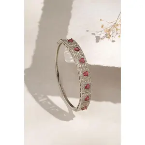 Elegant Luxe Silver-Tone Openable Bracelet  with semi precious Ruby and CZ  Stones