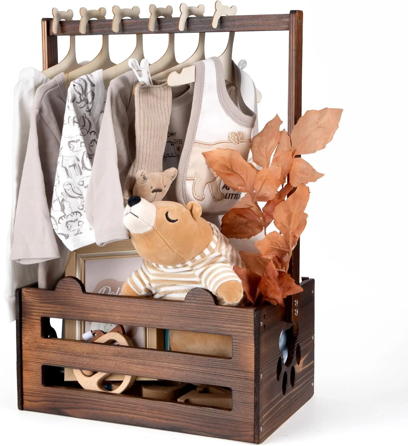 Brown Wooden Baby Shower Crate Closet, Baby Crate with Handle, Baby Shower Gifts Basket, Baby Welcome Box for Boys Girls, Pregnancy Gifts for New Parents