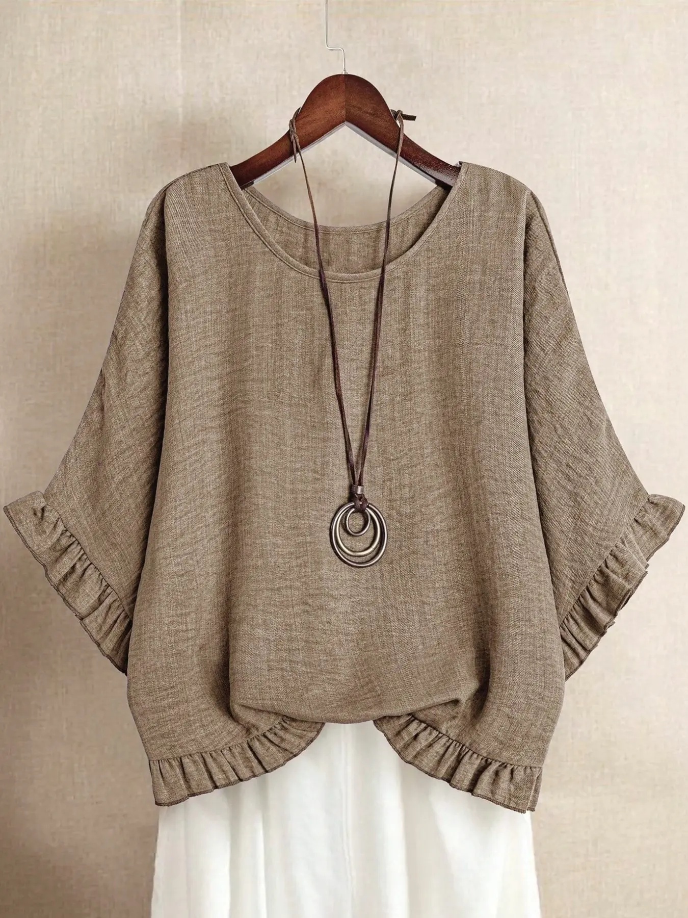 Ruffle Short Sleeve Top, Korean Casual Style, Loose Fit Round Neck Batwing Sleeves, Plus Size Women's Summer Daily Wear Shirts Blouse