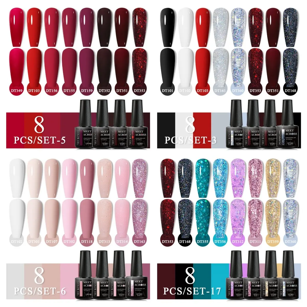 Meet Across 8 Colors Gel Nail Polish, Gel Polish Set, Colorful Nail Products, Soak off UV Gel Varnish, UV Light Gel, Nail Art Manicure, Salon DIY at Home, Professional Quality, Nail Care