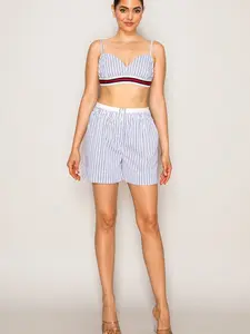 Women's Striped Bralette and Boxer Shorts Set – Two-Piece Comfy Lounge Set with Red, White & Navy Trim with Pockets