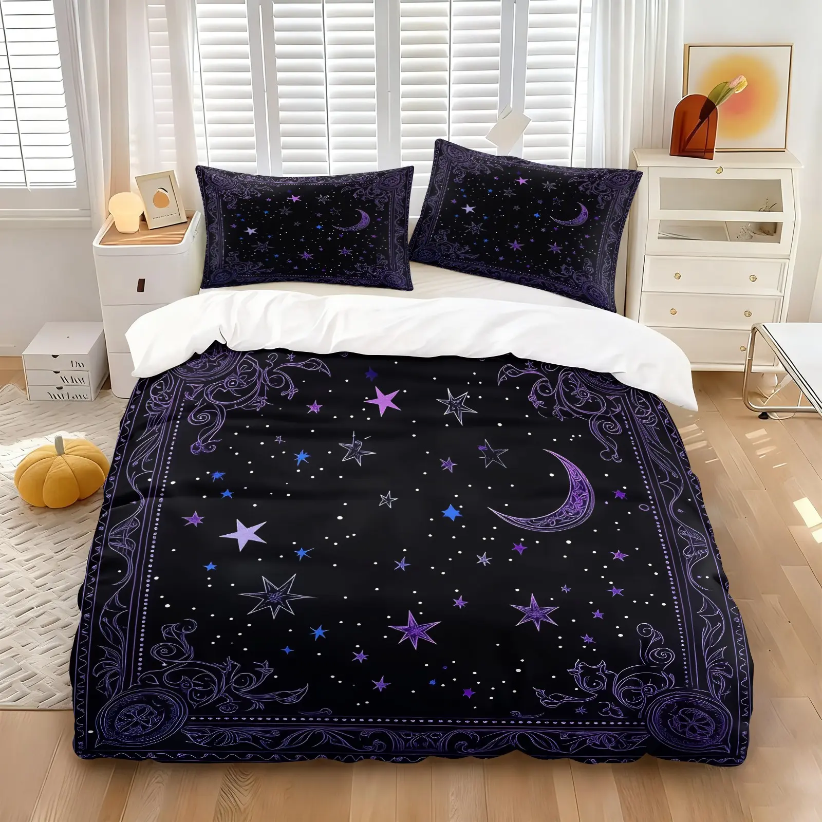 Purple Black Celestial Moon Star Duvet Cover Set (1 Duvet Cover + 1/2 Pillowcases, No Core), Soft Breathable Mystic Astrology Printed Bedding Set, All Season Comforter Cover for Bedroom, Decorative Duvet Cover, Witchy Decor