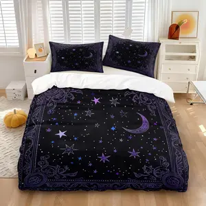 Purple Black Celestial Moon Star Duvet Cover Set (1 Duvet Cover + 1/2 Pillowcases, No Core), Soft Breathable Mystic Astrology Print Bedding, All Season Comforter Cover for Bedroom, Witchy Decor Bed Sets Supplies