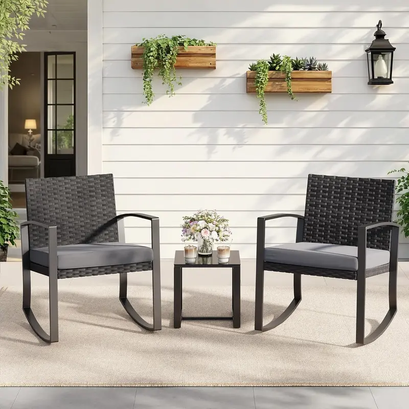 GIZOON 3 Pieces Patio Furniture Set Rocking Bistro Set Outdoor Rattan Conversation with Coffee Table for Garden Balcony Backyard Poolside (Grey Cushion)