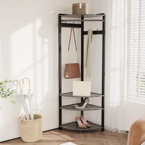 Corner Coat Rack with Shoe Bench Entryway and 6 Double Hooks, Corner Hall Tree - Corner Clothes Rack with Storage Corner Tree with Organizer Shoe Bench Shelf for Entryway, Hallway, Closet