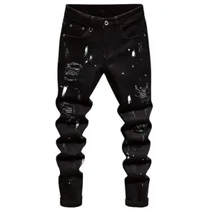Men’s high-quality straight-leg ripped jeans for spring and autumn 2025, casual and comfortable, made from retro black stretch denim—streetwear trousers suitable for shoe outfits.
