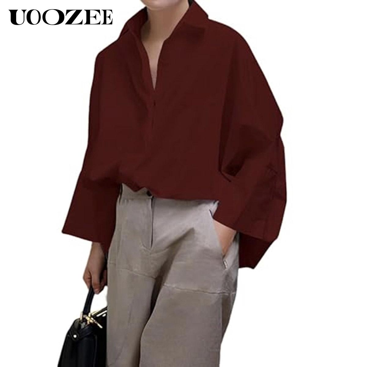 UOOZEE Women's  Loose Oversized Fit Multi-Colored Lapel Shirt Tops for all seasons loose and simple Polyester oversized versatile commuting suitable for a variety of occasions Collared Longsleeves cute fall outfits going tops office outfits  Chic  Casual