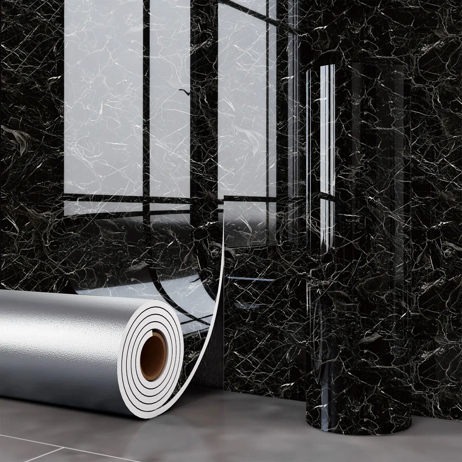 Thick Self-Adhesive Tile Look Marble Pattern Wallpaper Wall Stickers, Waterproof Moistureproof Moldproof, DIY Decor for Kitchen Bedroom Living Room Bathroom, Marble Wallpaper Roll, Marble Wallpaper Peel and Stick