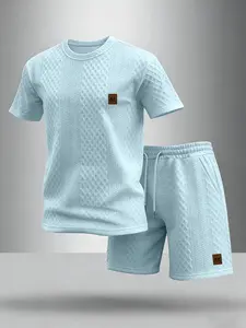 Men's Spring Summer Fashion Textured Short Sleeve Set, Simple Icon Print, Comfortable Drawstring Waist Shorts, Casual Daily Wear, Clothes